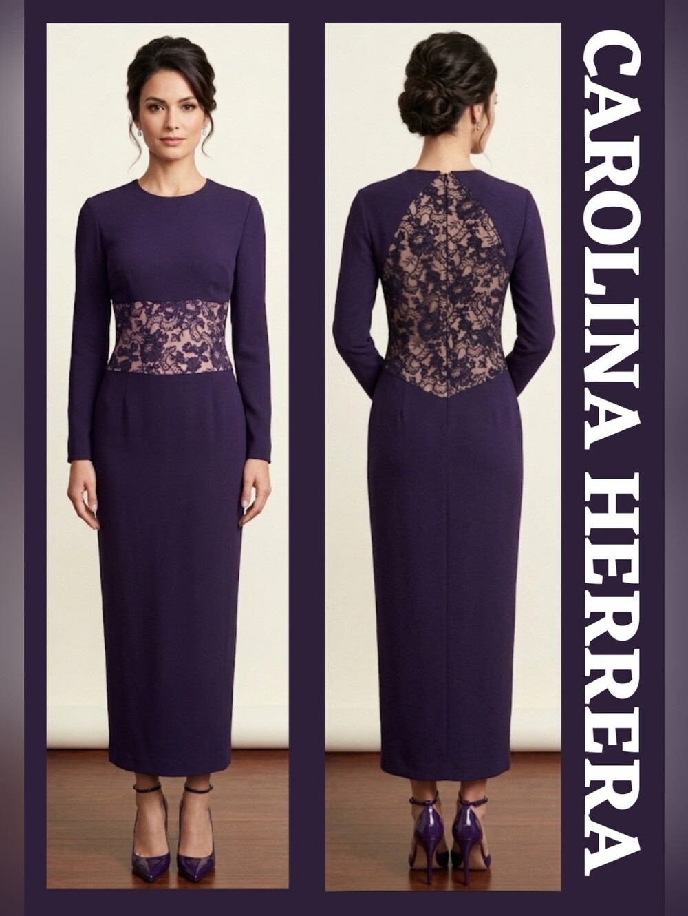 Carolina Herrera VTG 80s Long Sleeve Nude Lace-Inset Sheath Maxi Dress Purple 12